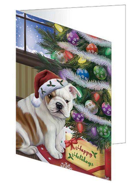 Christmas Happy Holidays Bulldog with Tree and Presents Handmade Artwork Assorted Pets Greeting Cards and Note Cards with Envelopes for All Occasions and Holiday Seasons GCD65459