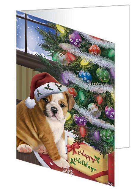 Christmas Happy Holidays Bulldog with Tree and Presents Handmade Artwork Assorted Pets Greeting Cards and Note Cards with Envelopes for All Occasions and Holiday Seasons GCD65462