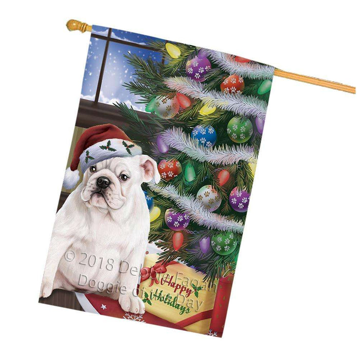 Christmas Happy Holidays Bulldog with Tree and Presents House Flag FLG54007
