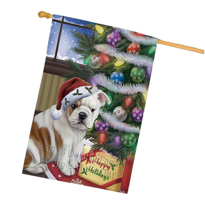 Christmas Happy Holidays Bulldog with Tree and Presents House Flag FLG54008