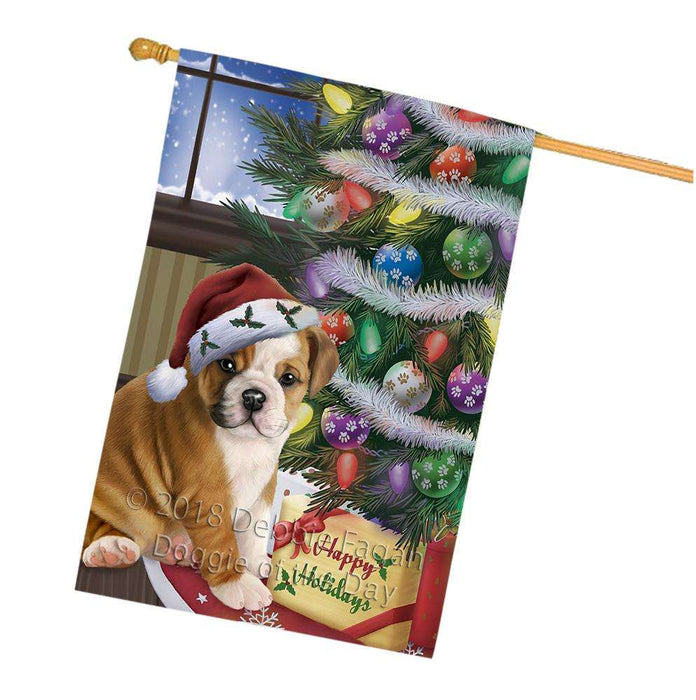 Christmas Happy Holidays Bulldog with Tree and Presents House Flag FLG54009