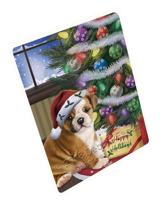 Christmas Happy Holidays Bulldog with Tree and Presents Large Refrigerator / Dishwasher Magnet RMAG83748