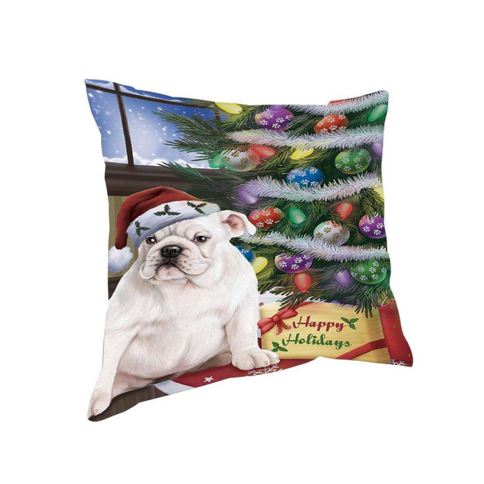 Christmas Happy Holidays Bulldog with Tree and Presents Pillow PIL71860