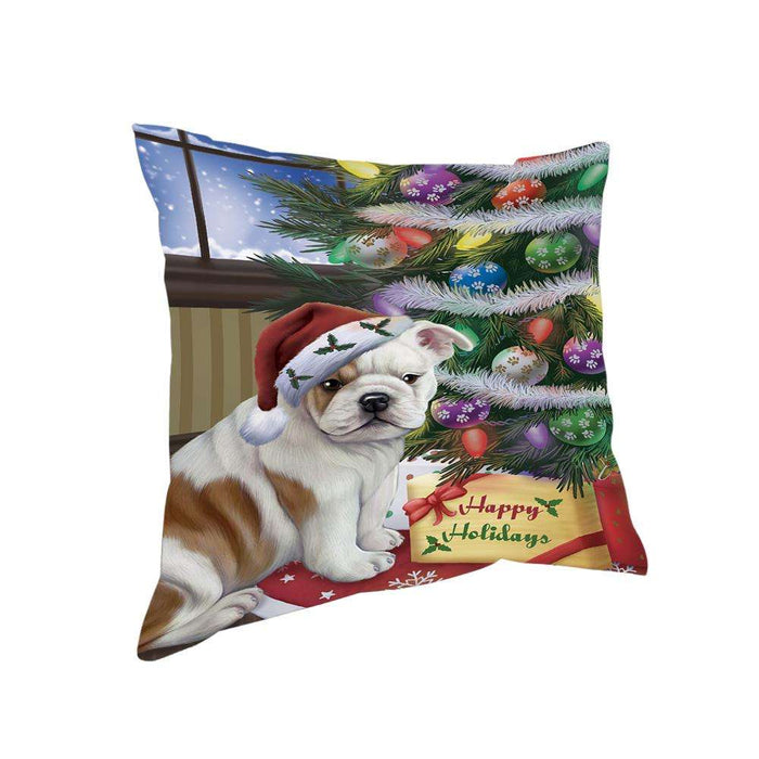 Christmas Happy Holidays Bulldog with Tree and Presents Pillow PIL71864