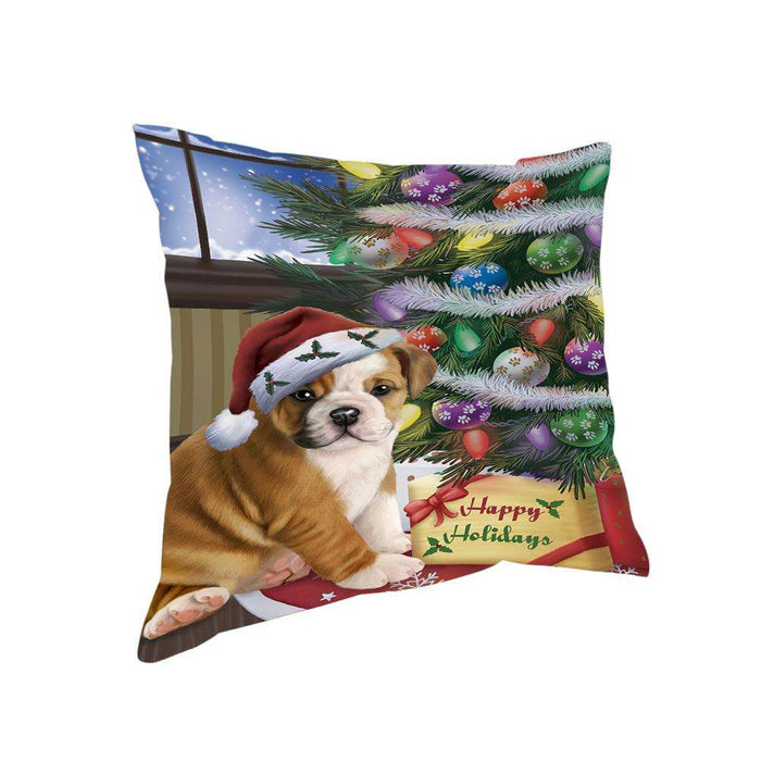 Christmas Happy Holidays Bulldog with Tree and Presents Pillow PIL71868