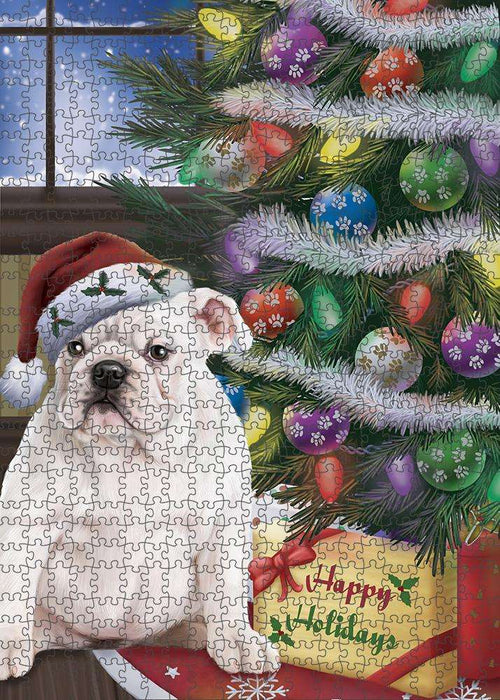 Christmas Happy Holidays Bulldog with Tree and Presents Puzzle with Photo Tin PUZL82392