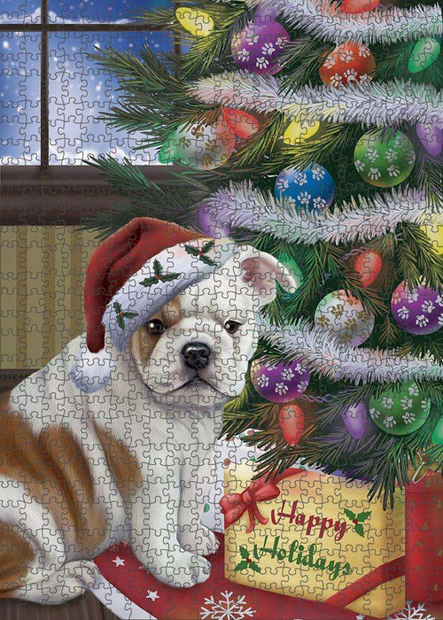 Christmas Happy Holidays Bulldog with Tree and Presents Puzzle with Photo Tin PUZL82396