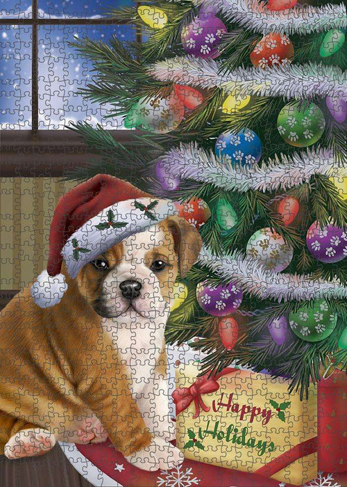 Christmas Happy Holidays Bulldog with Tree and Presents Puzzle with Photo Tin PUZL82400