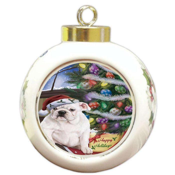 Christmas Happy Holidays Bulldog with Tree and Presents Round Ball Christmas Ornament RBPOR53809