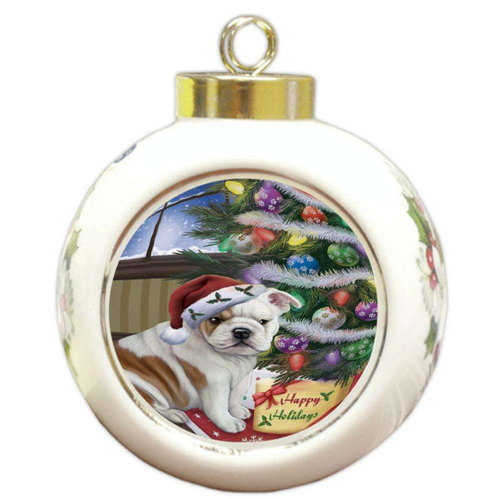 Christmas Happy Holidays Bulldog with Tree and Presents Round Ball Christmas Ornament RBPOR53810