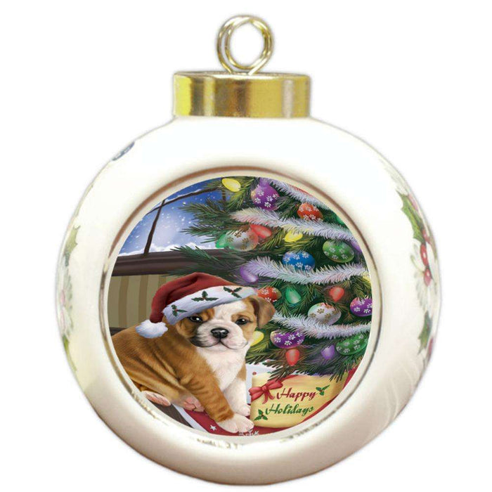 Christmas Happy Holidays Bulldog with Tree and Presents Round Ball Christmas Ornament RBPOR53811