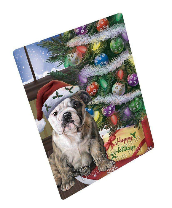Christmas Happy Holidays Bulldogs Dog with Tree and Presents Art Portrait Print Woven Throw Sherpa Plush Fleece Blanket
