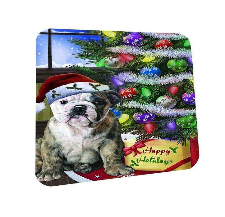 Christmas Happy Holidays Bulldogs Dog with Tree and Presents Coasters Set of 4