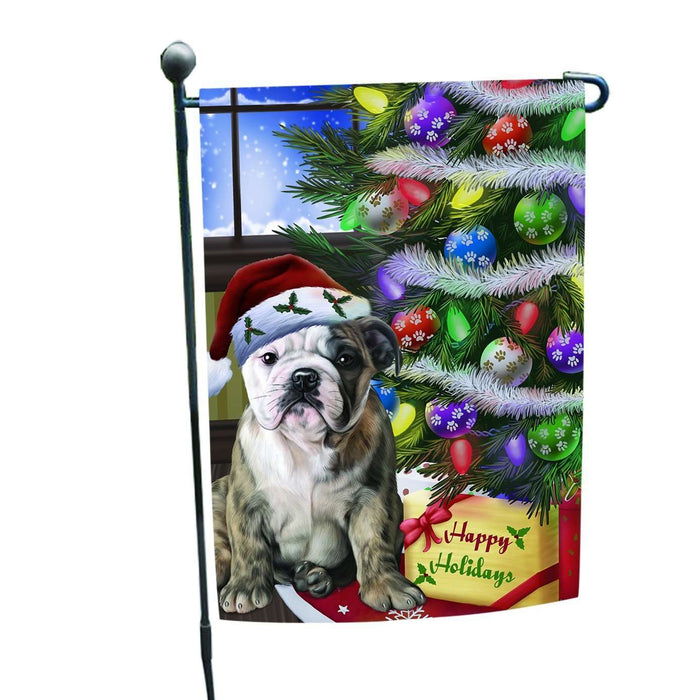 Christmas Happy Holidays Bulldogs Dog with Tree and Presents Garden Flag