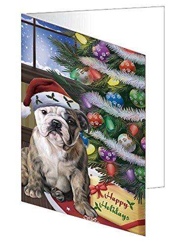 Christmas Happy Holidays Bulldogs Dog with Tree and Presents Handmade Artwork Assorted Pets Greeting Cards and Note Cards with Envelopes for All Occasions and Holiday Seasons