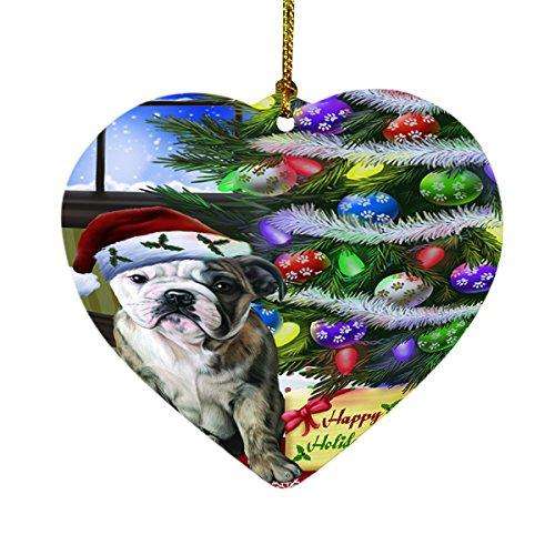 Christmas Happy Holidays Bulldogs Dog with Tree and Presents Heart Ornament D061