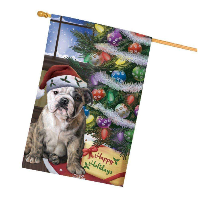 Christmas Happy Holidays Bulldogs Dog with Tree and Presents House Flag