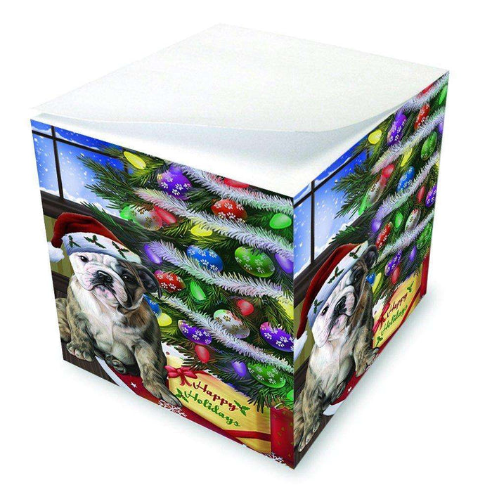 Christmas Happy Holidays Bulldogs Dog with Tree and Presents Note Cube D057
