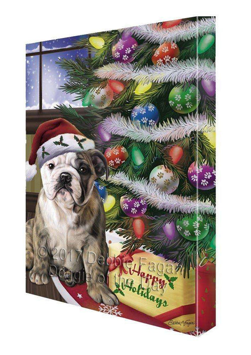 Christmas Happy Holidays Bulldogs Dog with Tree and Presents Painting Printed on Canvas Wall Art