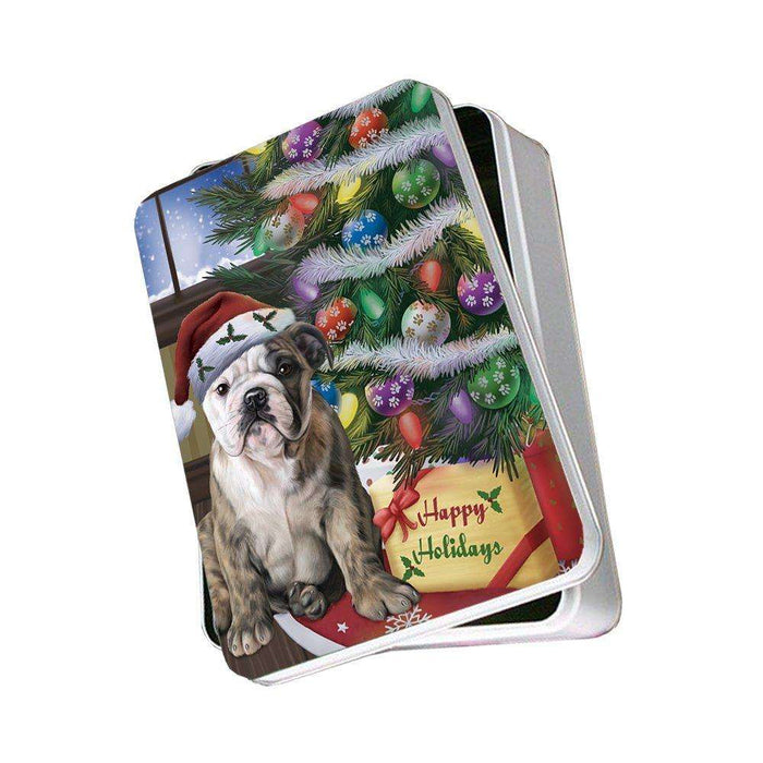 Christmas Happy Holidays Bulldogs Dog with Tree and Presents Photo Storage Tin