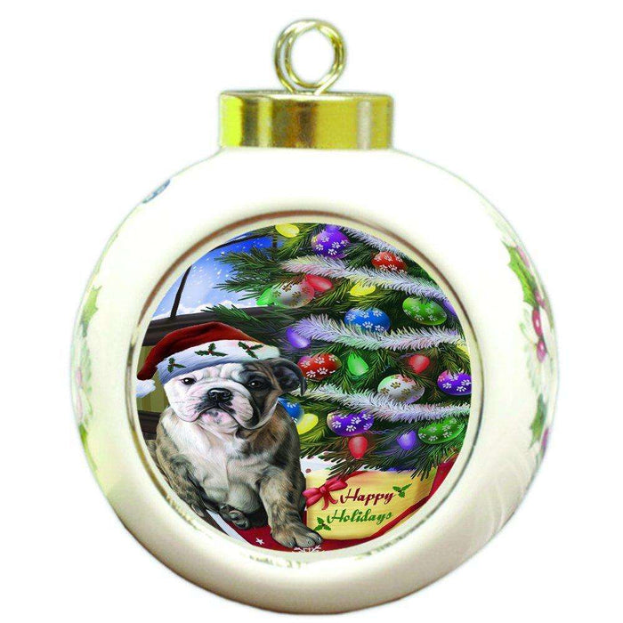 Christmas Happy Holidays Bulldogs Dog with Tree and Presents Round Ball Ornament D061