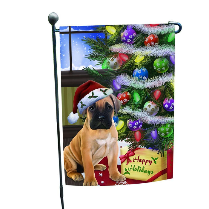 Christmas Happy Holidays Bullmastiff Dog with Tree and Presents Garden Flag
