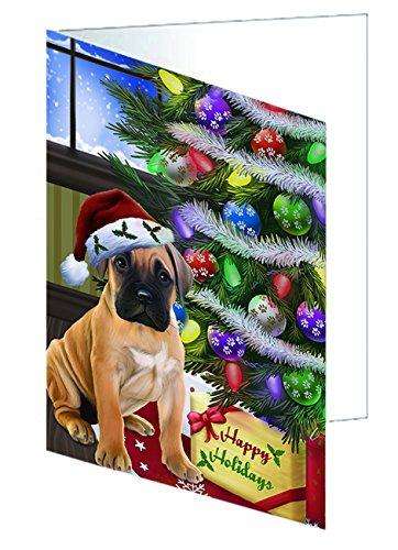 Christmas Happy Holidays Bullmastiff Dog with Tree and Presents Handmade Artwork Assorted Pets Greeting Cards and Note Cards with Envelopes for All Occasions and Holiday Seasons