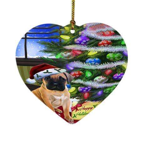 Christmas Happy Holidays Bullmastiff Dog with Tree and Presents Heart Ornament D045