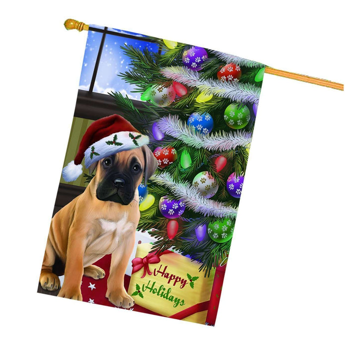 Christmas Happy Holidays Bullmastiff Dog with Tree and Presents House Flag