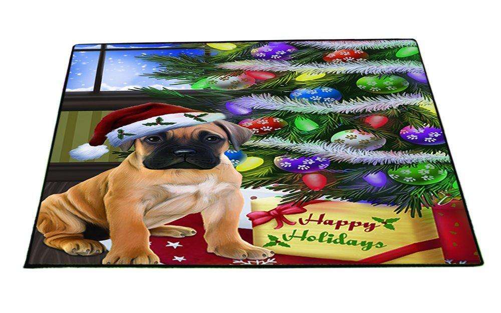 Christmas Happy Holidays Bullmastiff Dog with Tree and Presents Indoor/Outdoor Floormat