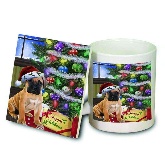 Christmas Happy Holidays Bullmastiff Dog with Tree and Presents Mug and Coaster Set