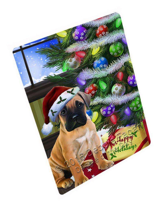 Christmas Happy Holidays Bullmastiff Dog with Tree and Presents Tempered Cutting Board