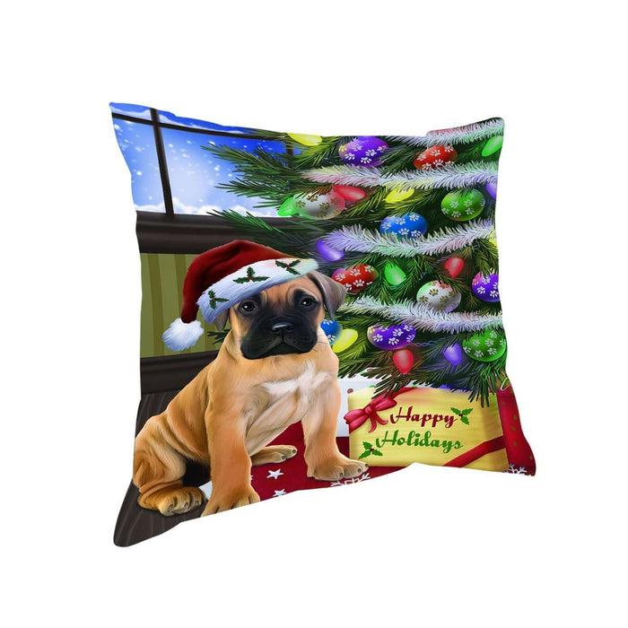 Christmas Happy Holidays Bullmastiff Dog with Tree and Presents Throw Pillow