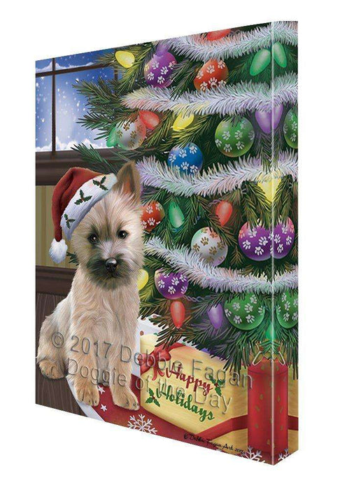 Christmas Happy Holidays Cairn Terrier Dog with Tree and Presents Canvas Wall Art