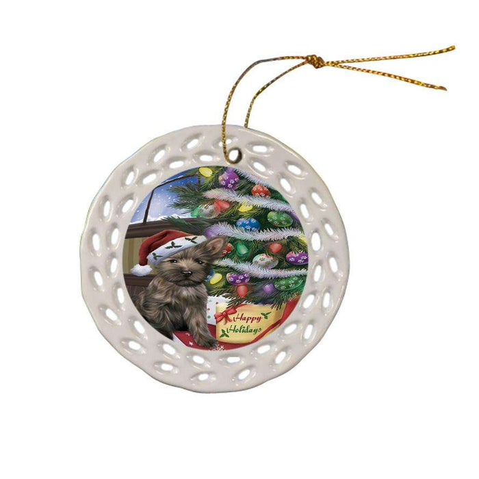 Christmas Happy Holidays Cairn Terrier Dog with Tree and Presents Ceramic Doily Ornament DPOR53812