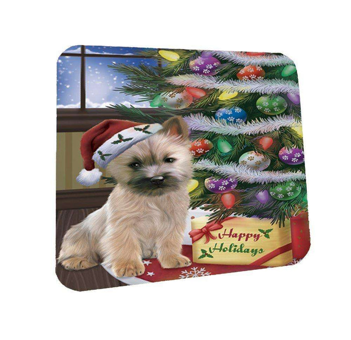 Christmas Happy Holidays Cairn Terrier Dog with Tree and Presents Coasters Set of 4