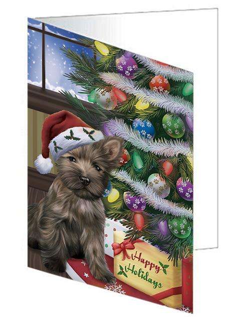 Christmas Happy Holidays Cairn Terrier Dog with Tree and Presents Handmade Artwork Assorted Pets Greeting Cards and Note Cards with Envelopes for All Occasions and Holiday Seasons GCD65465