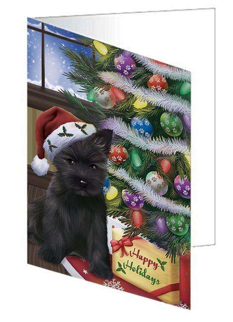 Christmas Happy Holidays Cairn Terrier Dog with Tree and Presents Handmade Artwork Assorted Pets Greeting Cards and Note Cards with Envelopes for All Occasions and Holiday Seasons GCD65468