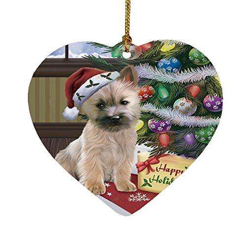 Christmas Happy Holidays Cairn Terrier Dog with Tree and Presents Heart Ornament