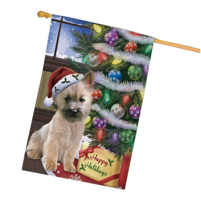 Christmas Happy Holidays Cairn Terrier Dog with Tree and Presents House Flag