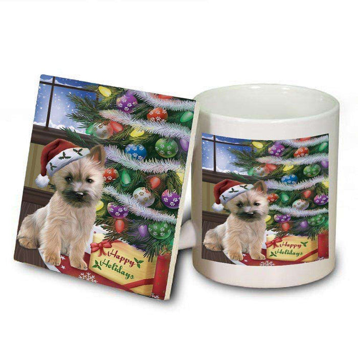 Christmas Happy Holidays Cairn Terrier Dog with Tree and Presents Mug and Coaster Set
