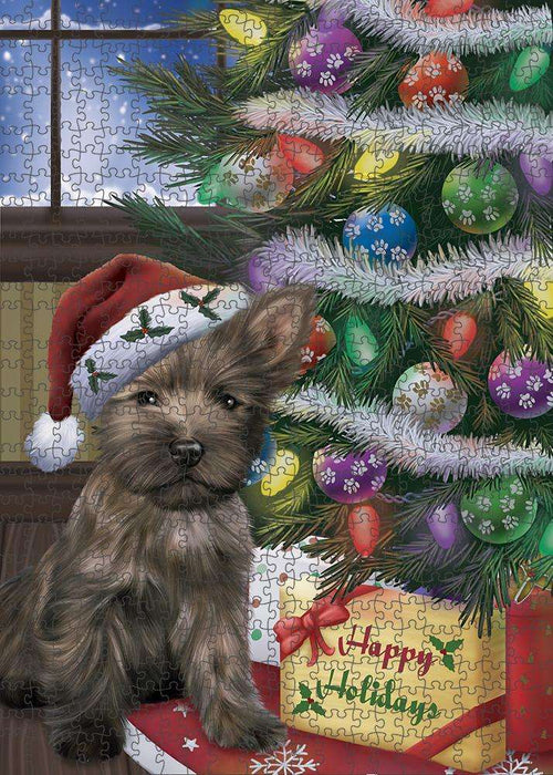 Christmas Happy Holidays Cairn Terrier Dog with Tree and Presents Puzzle with Photo Tin PUZL82404