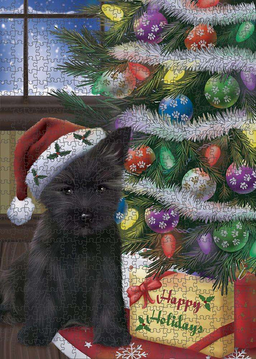 Christmas Happy Holidays Cairn Terrier Dog with Tree and Presents Puzzle with Photo Tin PUZL82408