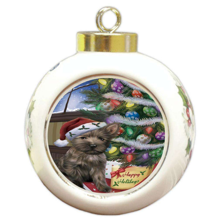 Christmas Happy Holidays Cairn Terrier Dog with Tree and Presents Round Ball Christmas Ornament RBPOR53812