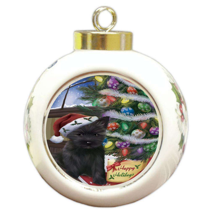 Christmas Happy Holidays Cairn Terrier Dog with Tree and Presents Round Ball Christmas Ornament RBPOR53813