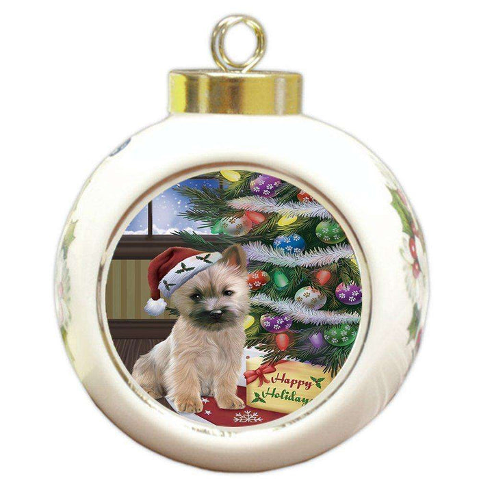 Christmas Happy Holidays Cairn Terrier Dog with Tree and Presents Round Ball Ornament