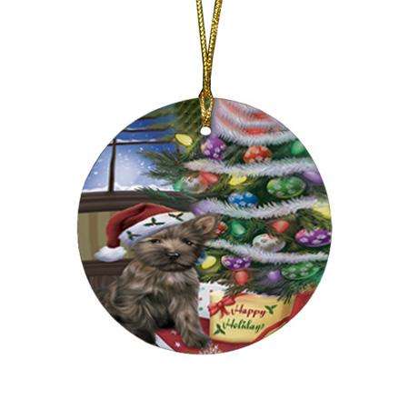 Christmas Happy Holidays Cairn Terrier Dog with Tree and Presents Round Flat Christmas Ornament RFPOR53803