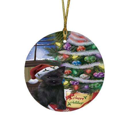 Christmas Happy Holidays Cairn Terrier Dog with Tree and Presents Round Flat Christmas Ornament RFPOR53804