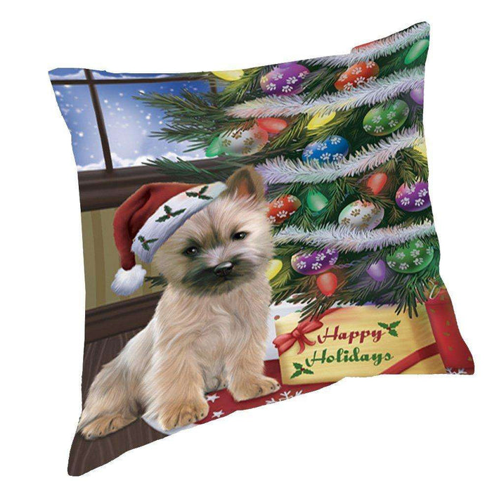 Christmas Happy Holidays Cairn Terrier Dog with Tree and Presents Throw Pillow