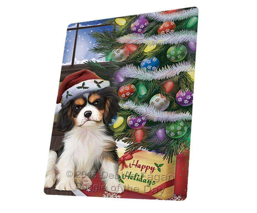Christmas Happy Holidays Cavalier King Charles Spaniel Dog with Tree and Presents Art Portrait Print Woven Throw Sherpa Plush Fleece Blanket